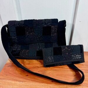 DSQ Quilted Patchwork Black Messenger Bag and Wallet Set